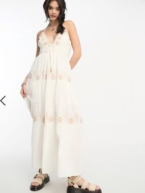 Free People embroidered cotton gauze boho maxi dress in ivory M